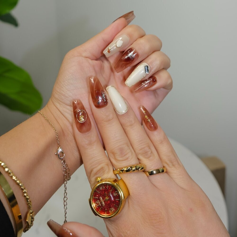 tipsy | Handmade Press On Nails | Coffin Medium | Gloss Nail Art | Golden Mocha
